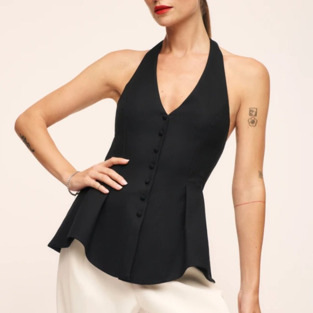 Reformation Black Halter Button-Front Peplum Top - Picture 4 of 10